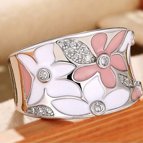 ROMANTIC PINK AND WHITE ENAMEL FLOWERS RING - Picture 1 of 5